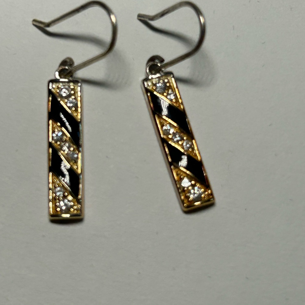Gold and Black Bar Drop Earrings with Crystal Accents